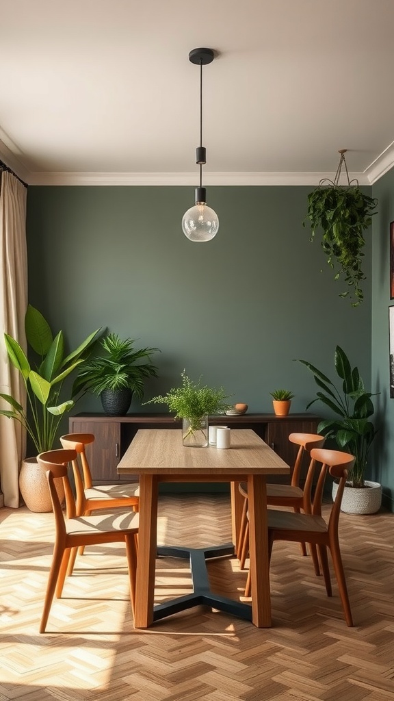 A cozy dining area featuring muted green walls, a wooden table, and decorative plants.