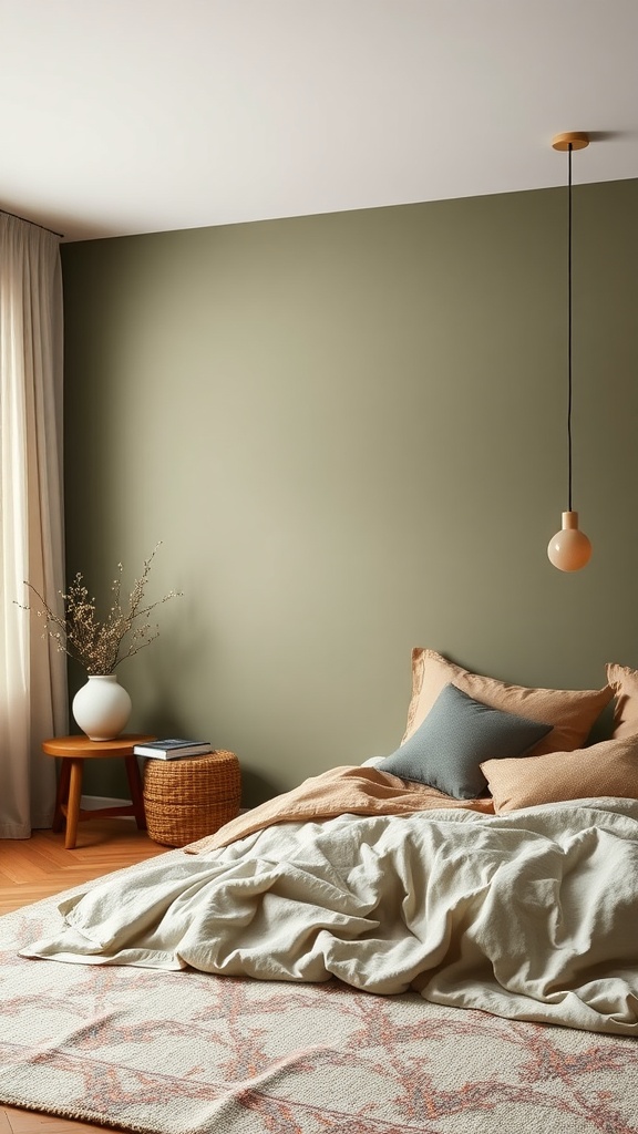 A calm bedroom with muted olive green walls, soft bedding, and natural decor elements.