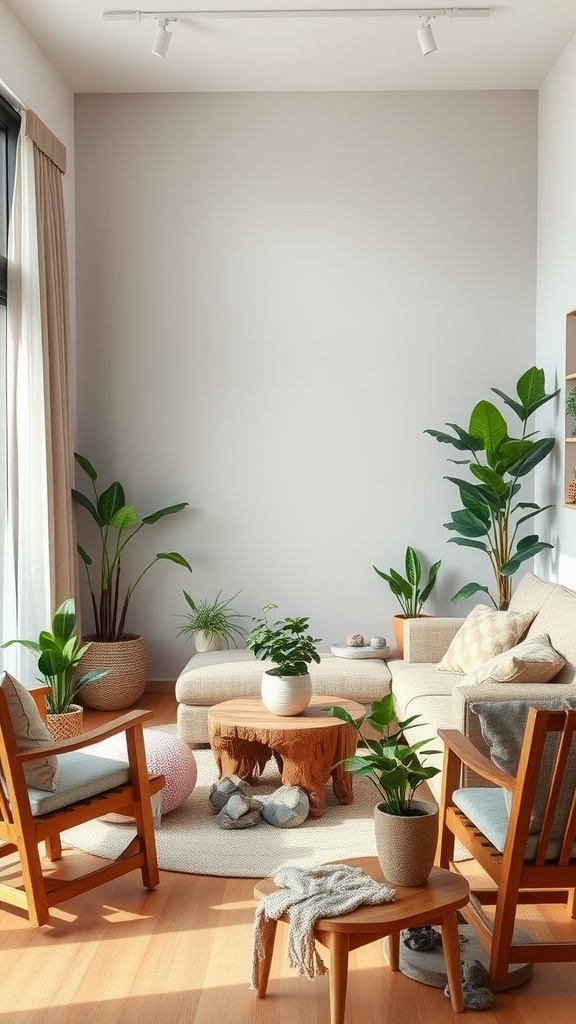 A cozy living room featuring natural decor elements such as plants, wooden furniture, and soft textiles.