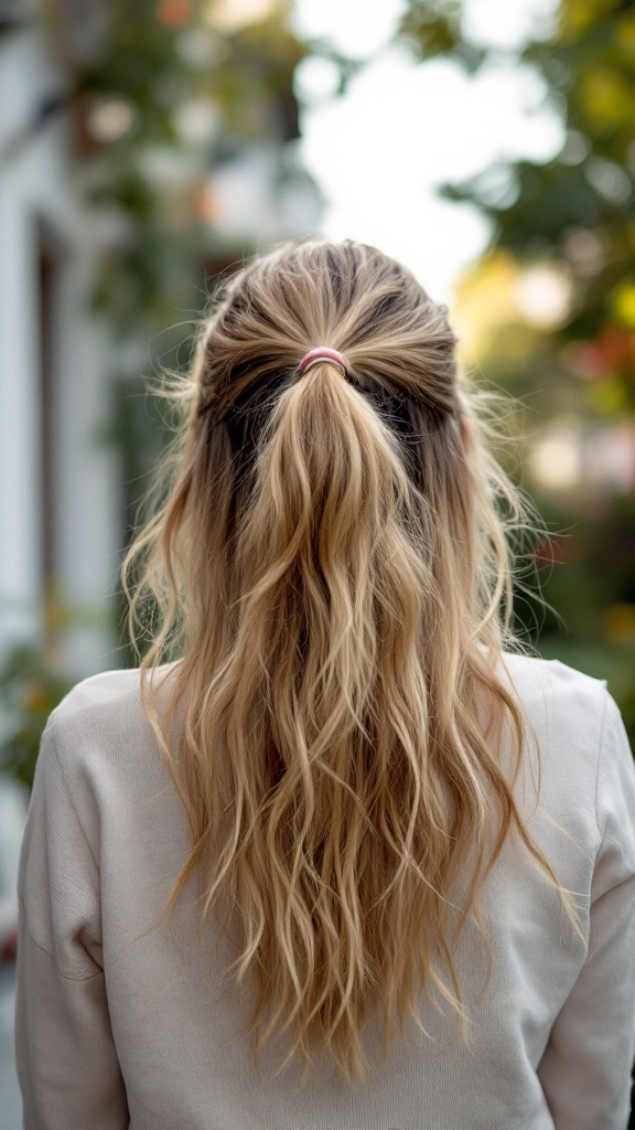 A woman with wavy hair tied in a half-ponytail, showing natural texture and an air-dried finish