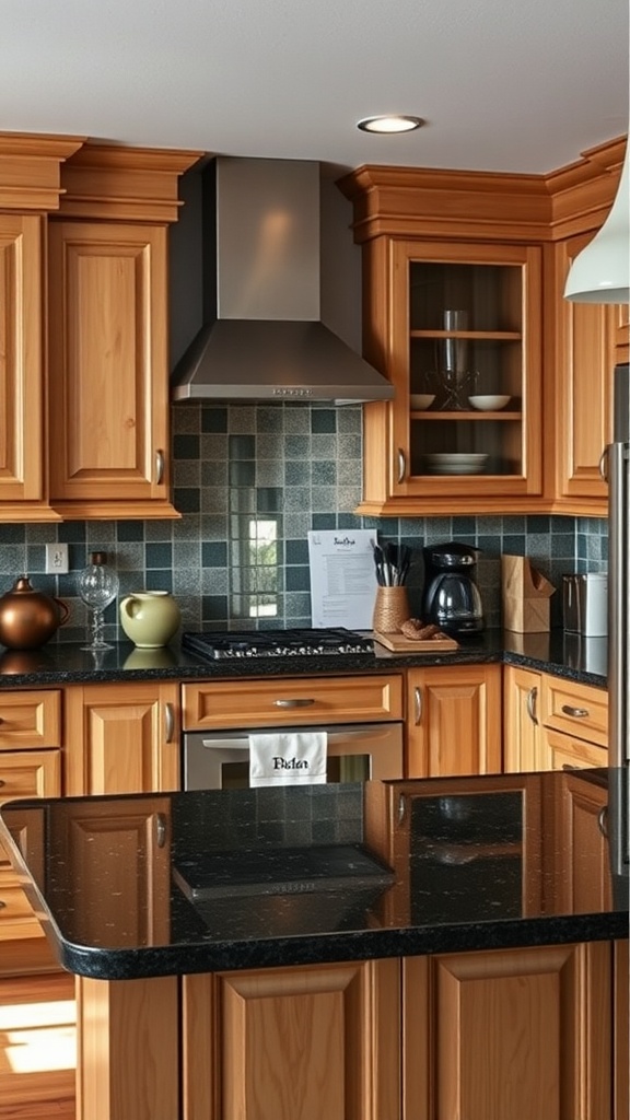 A kitchen featuring black granite countertops and natural wood cabinetry, showcasing a warm and inviting design.