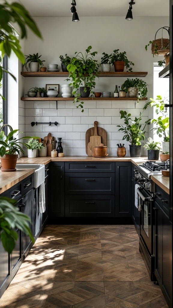 A modern black kitchen featuring wooden shelves filled with plants and natural materials.