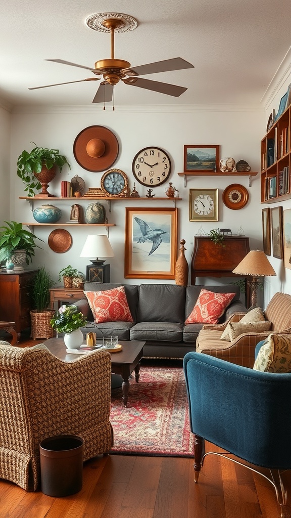 A warm and inviting living room with vintage decor, featuring a dark sofa with bright pillows, a variety of clocks and artwork on the walls, and a wooden coffee table.