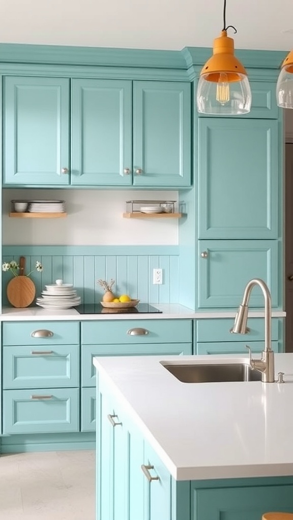 Aqua and white kitchen with modern cabinets and warm lighting.