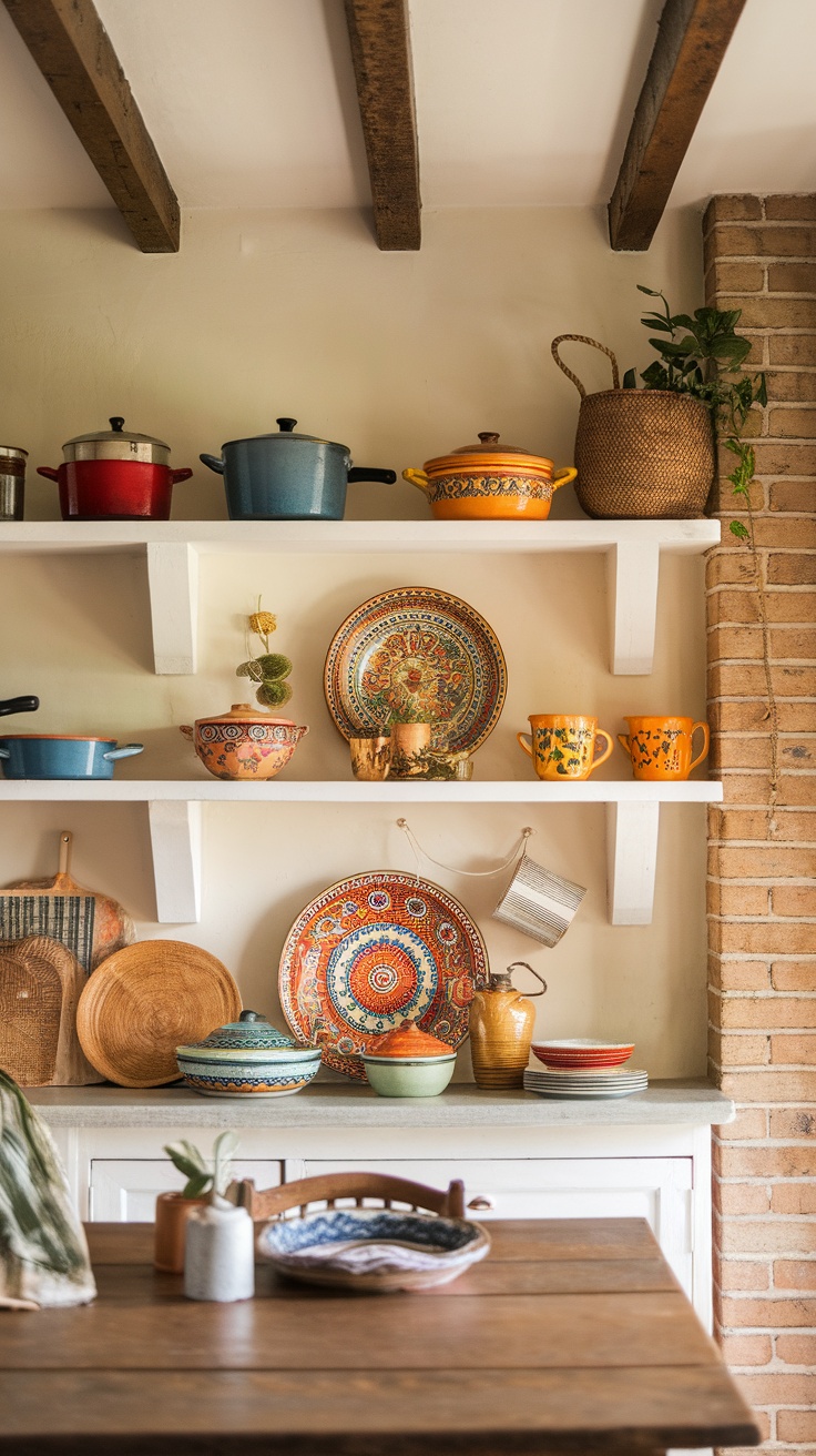 Colorful pots and decorative dishes displayed on open shelves in a kitchen