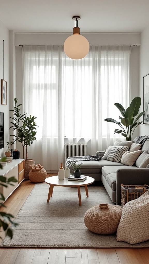 A cozy living room with a gray sofa, light wooden coffee table, and indoor plants, reflecting Japandi design.