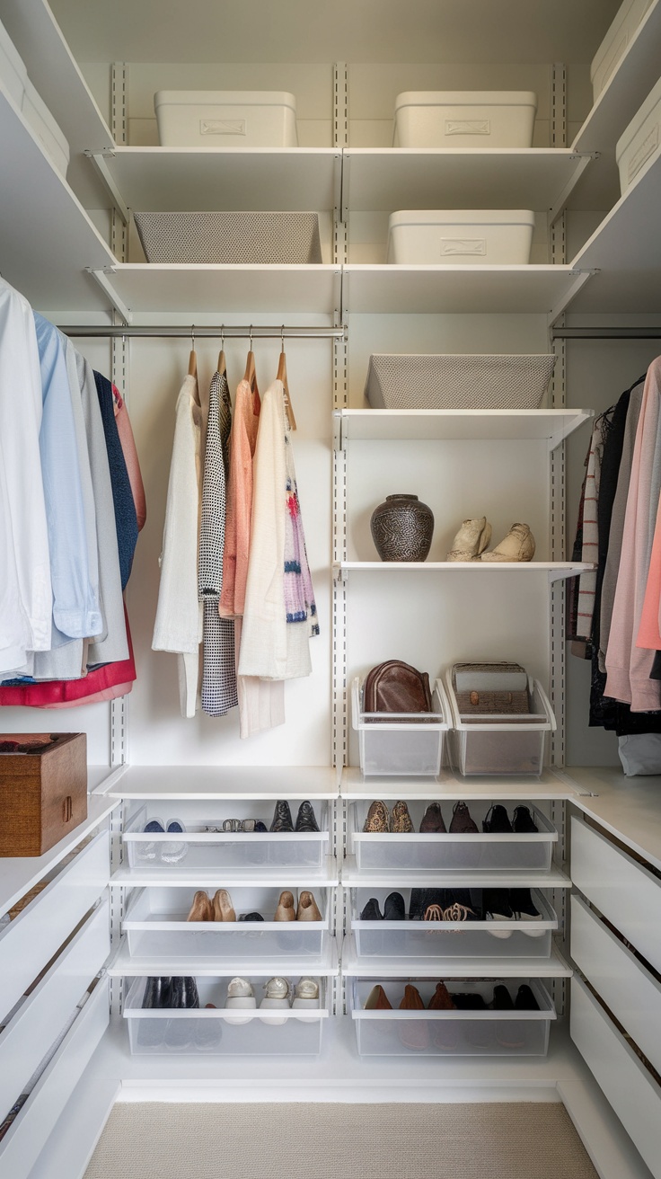 A well-organized walk-in closet with modular shelving, featuring hanging clothes, storage bins, and neatly arranged shoes.