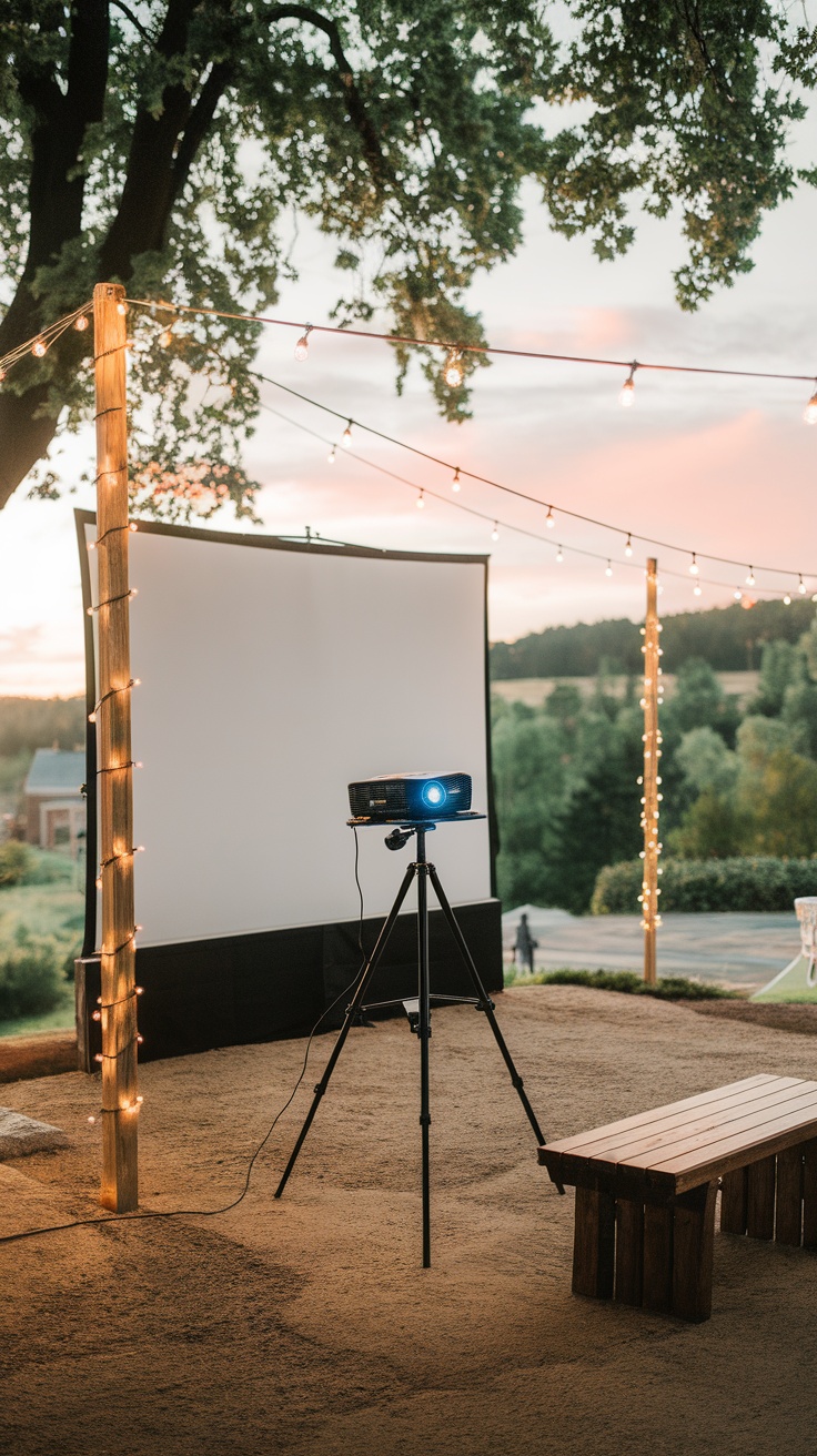 Outdoor movie night setup with a projector, screen, and string lights