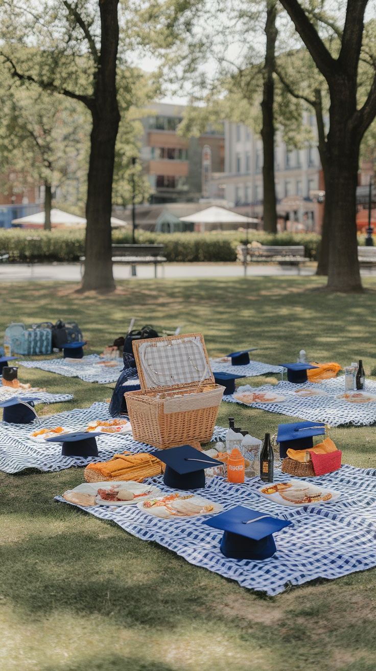 Outdoor picnic setup for a graduation party with blankets, snacks, and graduation caps.