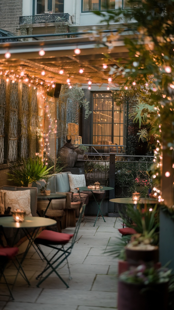 An inviting outdoor space featuring cozy seating, string lights, and greenery.