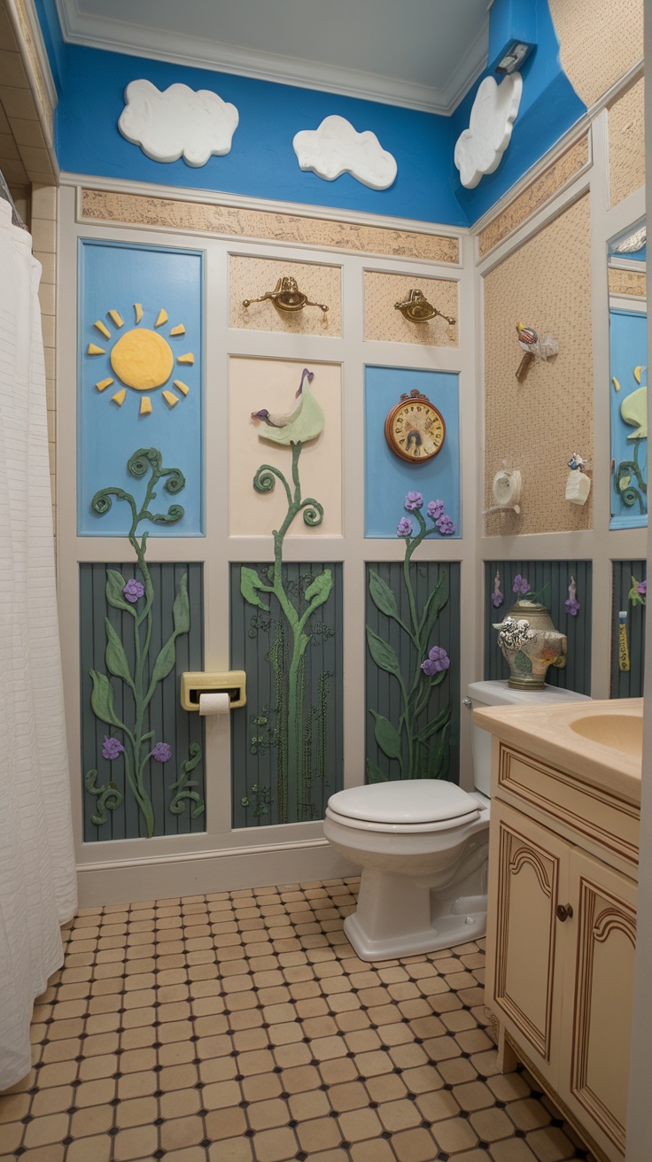 A colorful bathroom with painted wall panels featuring floral designs, a sun, and decorative clouds on a blue ceiling.