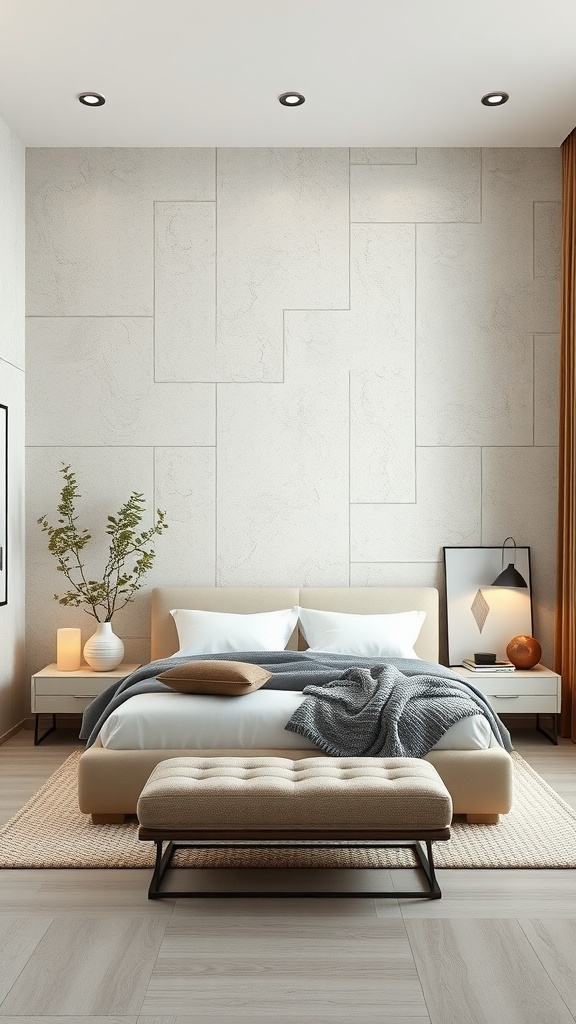 A modern bedroom featuring pale stone walls, minimalistic furniture, and cozy decor.