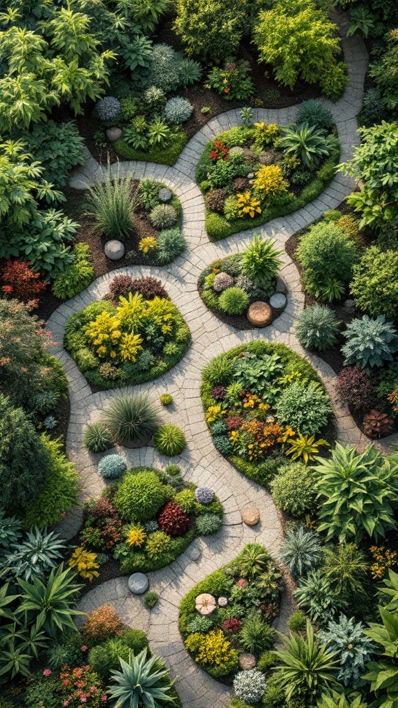 Aerial view of a diverse permaculture garden with winding pathways and colorful plant beds.