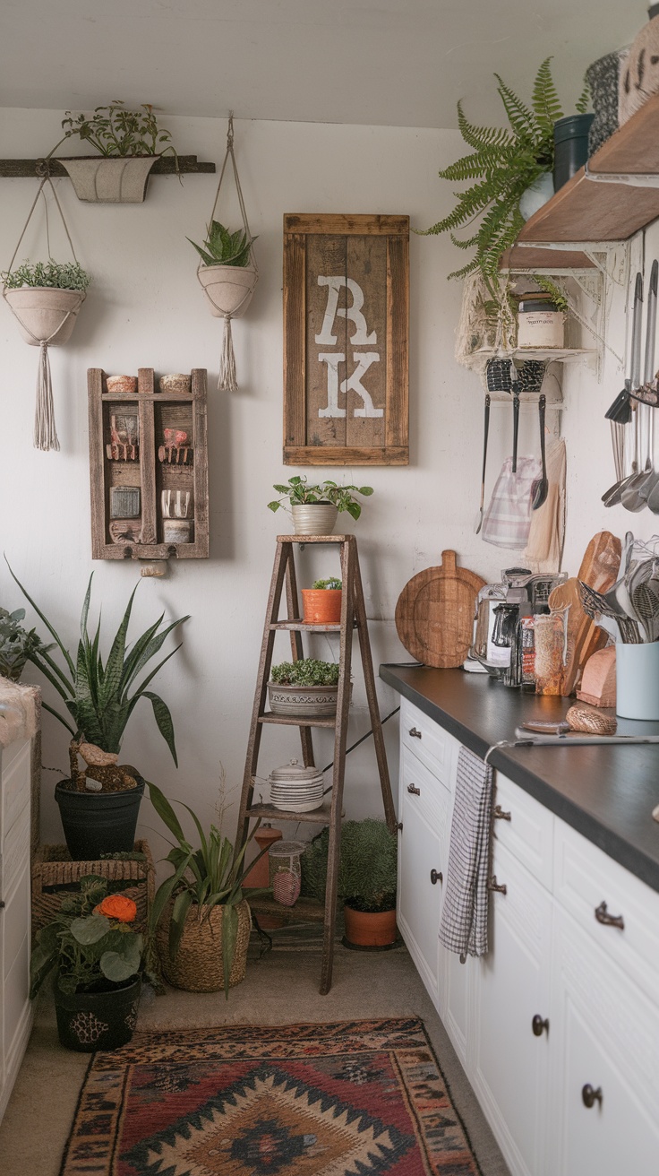 A cozy kitchen featuring hanging plants, a wooden ladder shelf with pots, and unique decor elements.