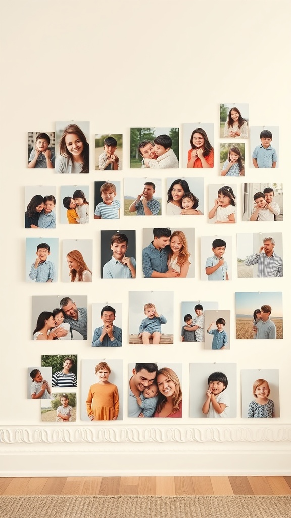 A wall displaying a collection of family portraits arranged in a casual and cozy manner.