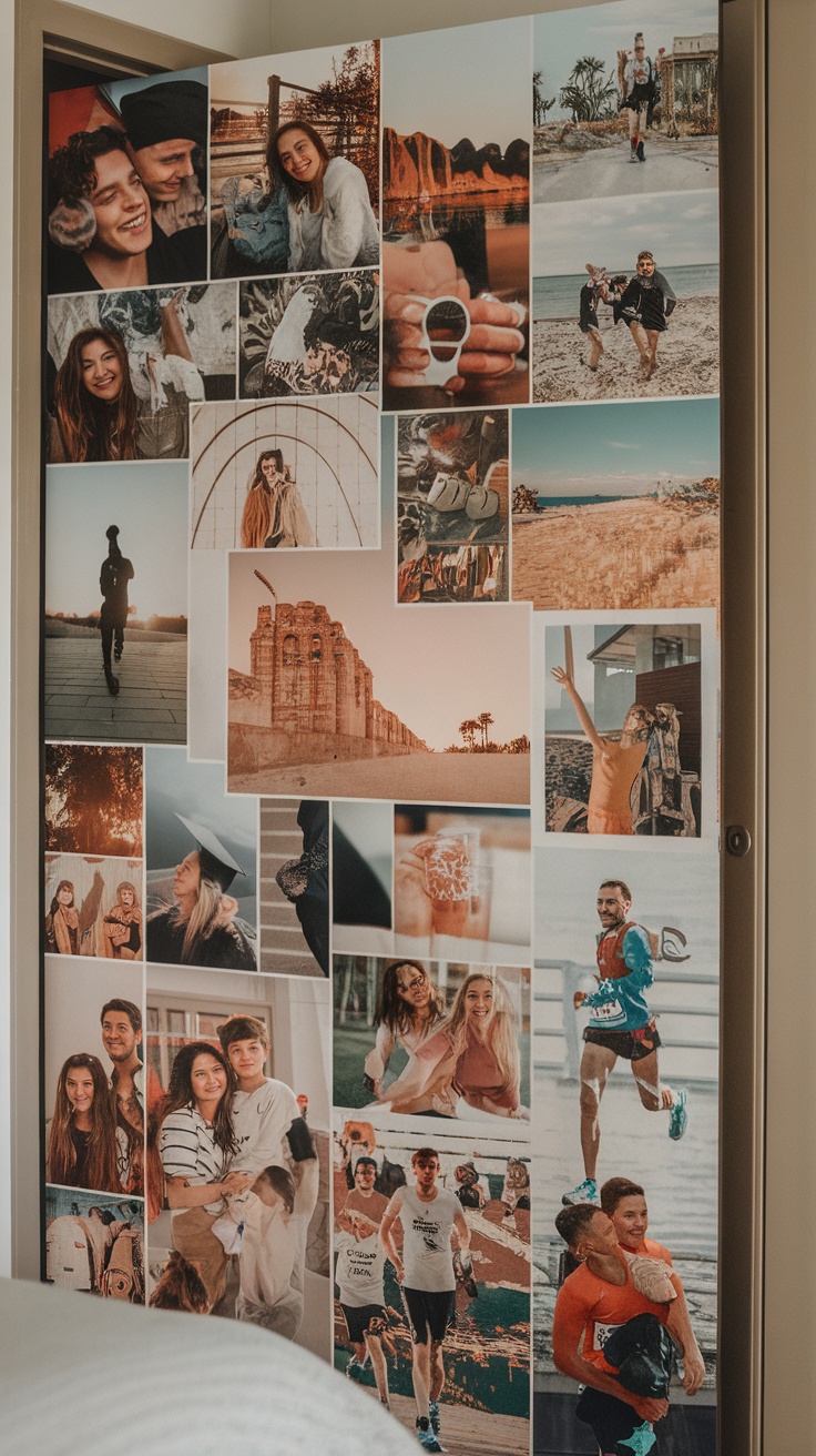 A personalized photo collage on a bedroom door featuring various photos of friends and memories.