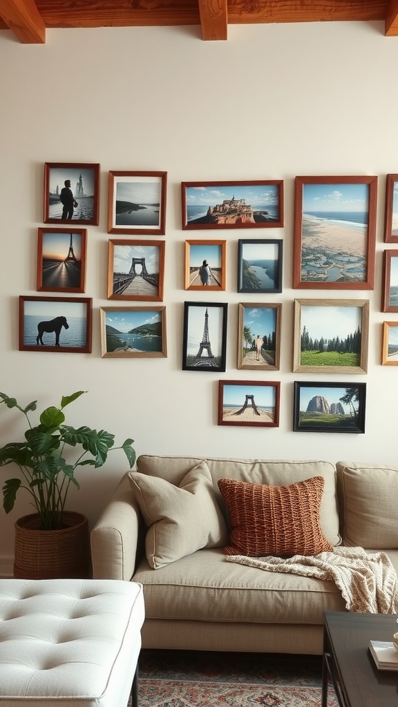 A personalized photo gallery on a wall with various framed images and a cozy living room setting.