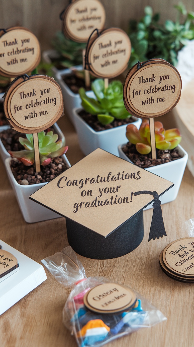 Personalized thank you favors for a graduation party including potted succulents, a graduation cap decoration, and colorful candies.