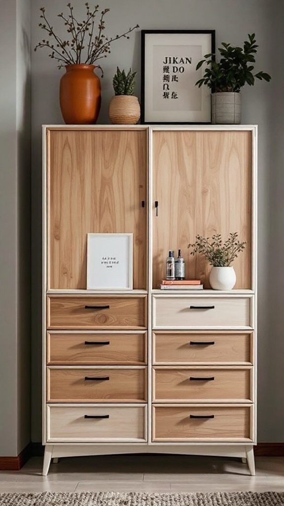 Stylish IKEA cabinet with wood tones and decorative plants on top.