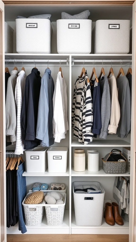A well-organized IKEA closet with labeled storage bins and neatly hung clothes.