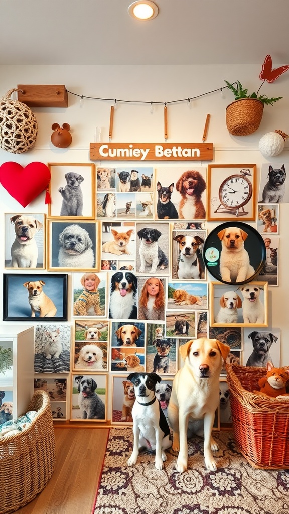 A cozy pet-themed photo wall featuring framed images of dogs and a sign displaying the name 'Cumiey Bettan'.