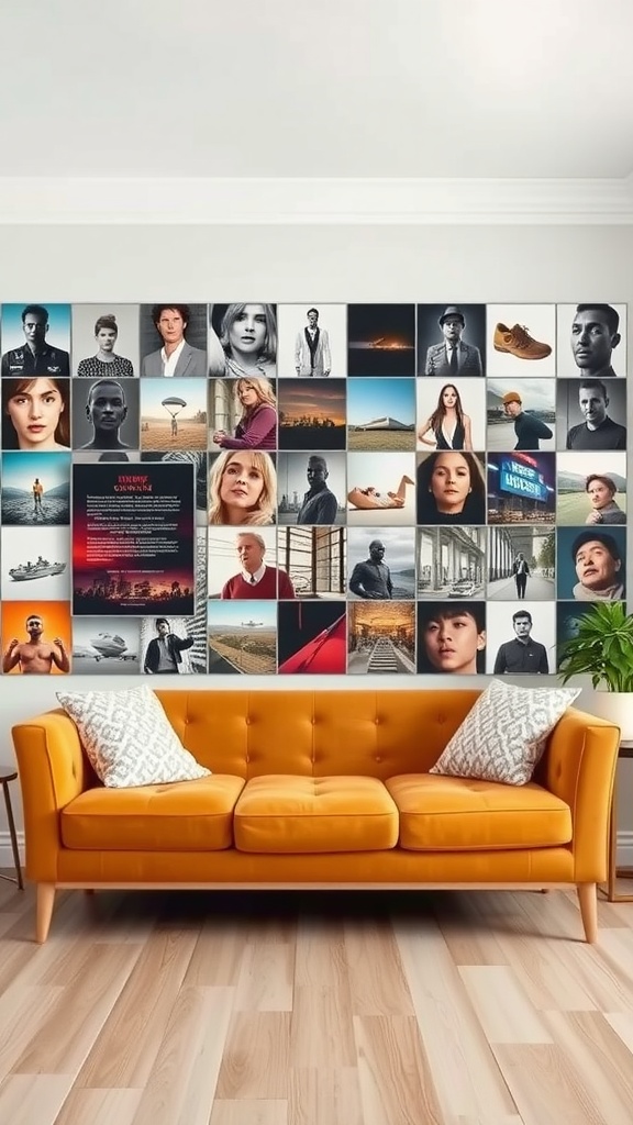 A modern living room with a vibrant photo wall and an orange couch