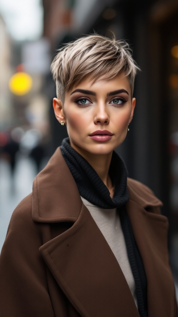 A woman with a stylish pixie cut, showcasing a modern look in an urban setting.