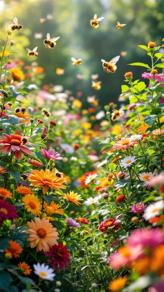 A vibrant garden filled with colorful flowers and buzzing bees, showcasing a pollinator-friendly environment.