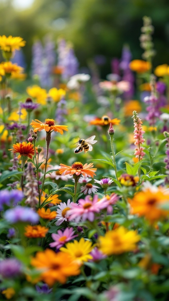 A vibrant flower bed filled with various colorful flowers and a bee hovering above.