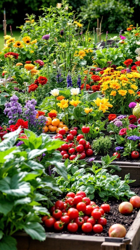 A colorful raised bed garden featuring various flowers and ripe tomatoes.