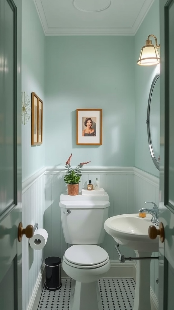 A small bathroom featuring mint green walls, white fixtures, and decorative accents.