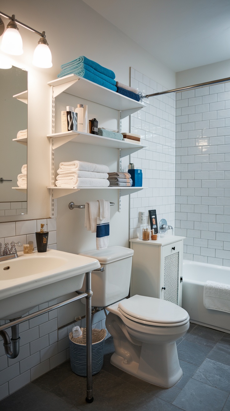 A bathroom featuring Ivar shelves with neatly arranged towels and toiletries.