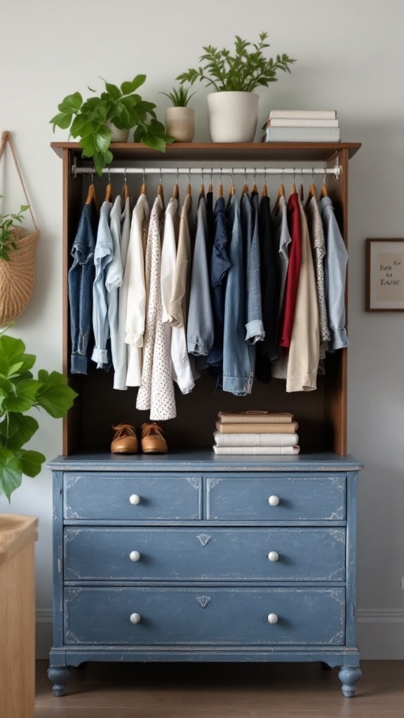 A repurposed furniture closet featuring a dresser and a hanging rod for clothes, adorned with potted plants.