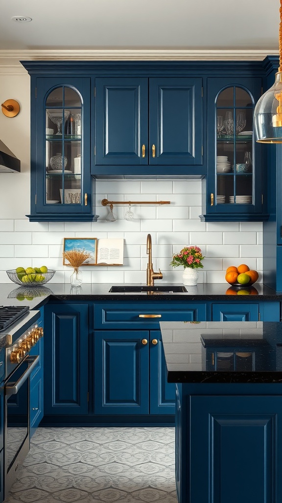 A kitchen featuring navy blue cabinets and black granite countertops.