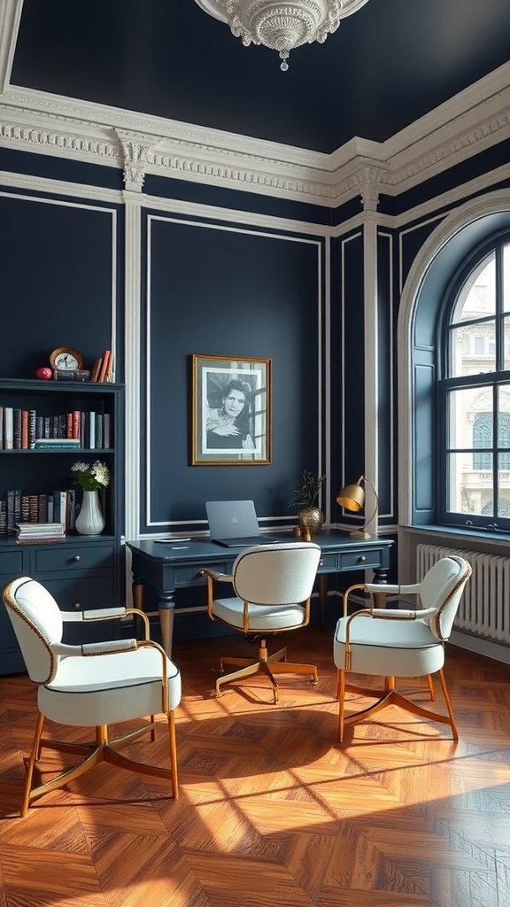 A stylish room featuring rich navy walls, elegant white furniture, and wooden flooring