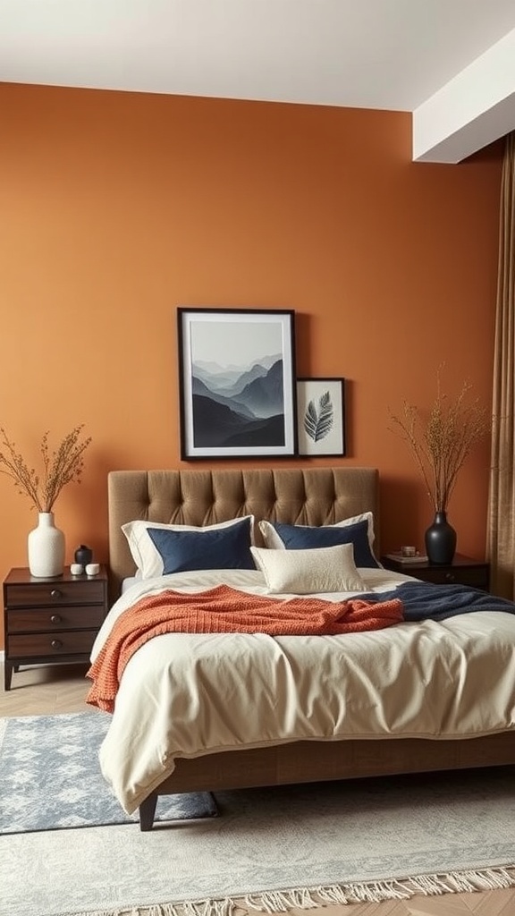 Cozy bedroom with rich ochre wall, neutral bedding, blue pillows, and framed artwork.