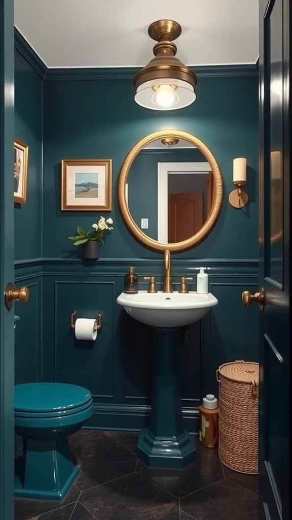 Small bathroom featuring rich teal walls, gold accents, a round mirror, and elegant fixtures.