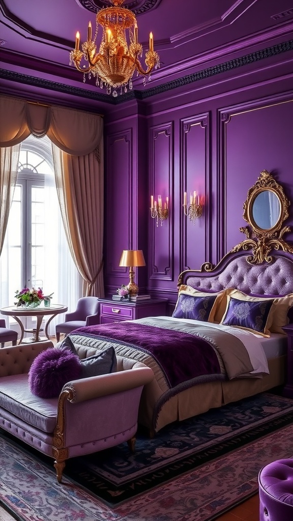 A luxurious bedroom decorated in royal purple with gold accents, featuring a chandelier and elegant furnishings.