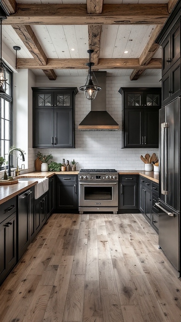 A rustic kitchen with black cabinets and wooden beams, featuring a mix of dark and light elements.