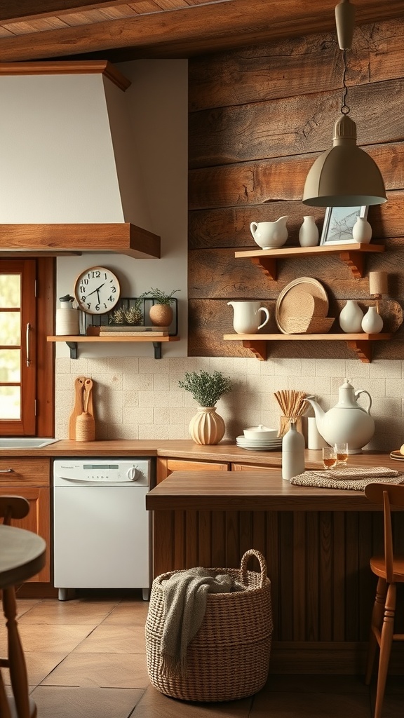 A cozy kitchen featuring rustic brown wooden accents and cream-colored decor