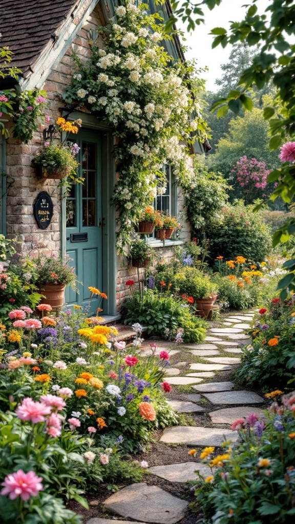 A rustic cottage surrounded by colorful flower beds and a stone pathway.