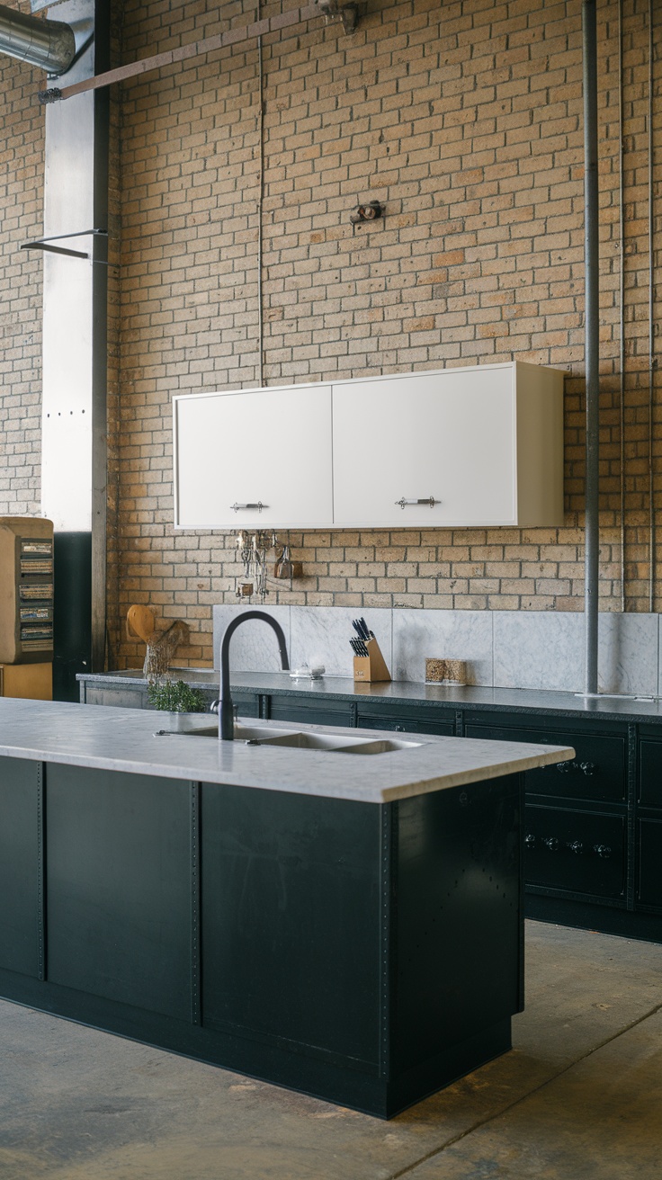 A rustic industrial kitchen featuring a brick wall, dark cabinetry, and a marble countertop.