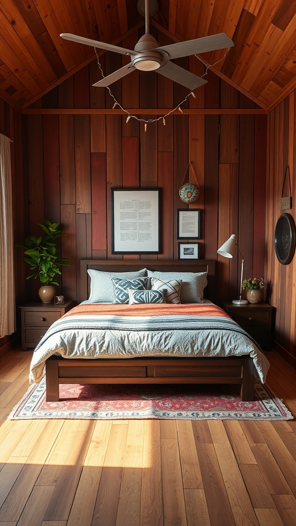 A cozy bedroom with rustic redwood walls, wooden flooring, and soft bedding, showcasing a warm and inviting atmosphere.