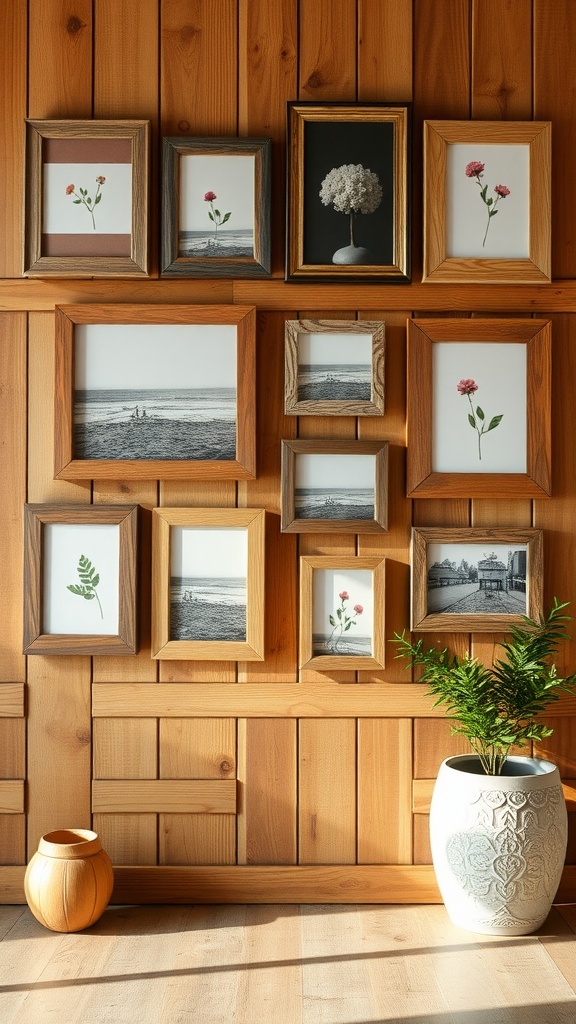 Rustic wood frame display with floral and landscape images on a wooden wall