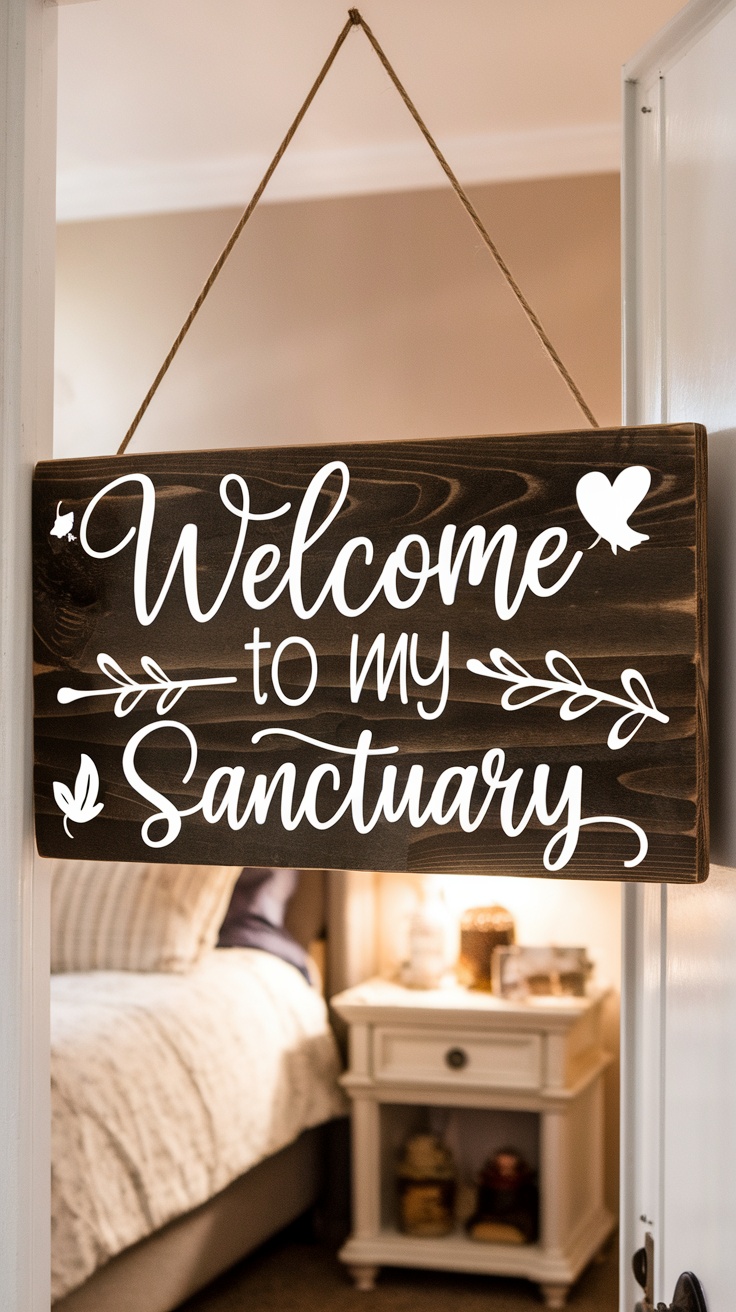 Rustic wooden sign saying 'Welcome to my Sanctuary' hanging on a bedroom door.