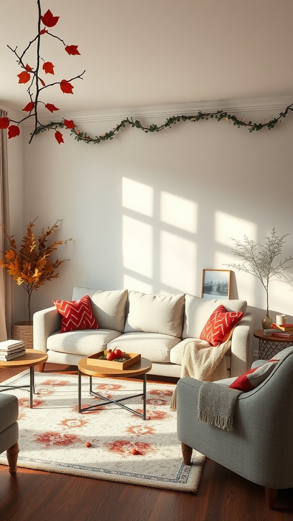 Cozy living room with fall decor featuring warm cushions, a throw blanket, and leaves.