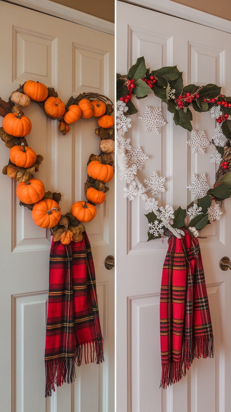 Two seasonal door wreaths: one with pumpkins for fall and another with winter decorations.