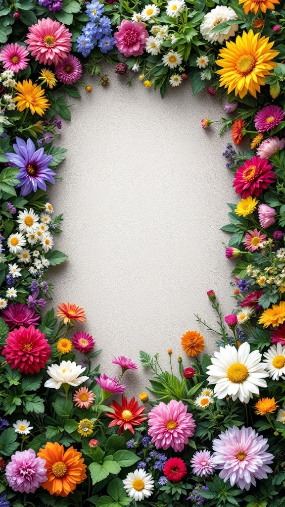 A colorful border of various flowers and greenery, illustrating a vibrant floral arrangement.