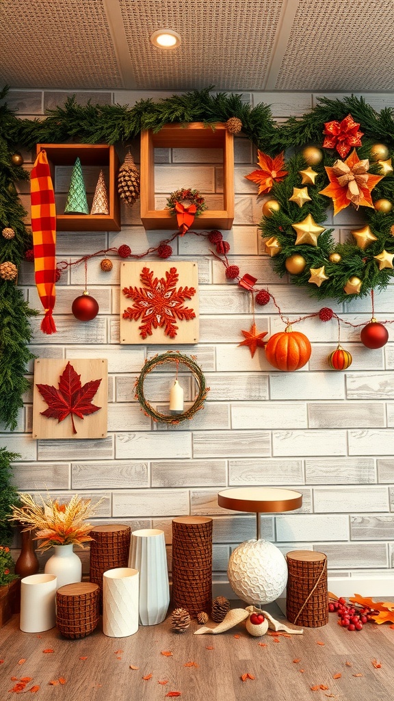 Seasonal photo wall with autumn and winter decorations, featuring wreaths, ornaments, and various decor elements.