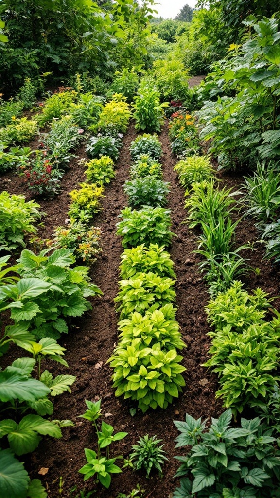 A well-organized homesteading garden with rows of various plants showcasing seasonal rotation.